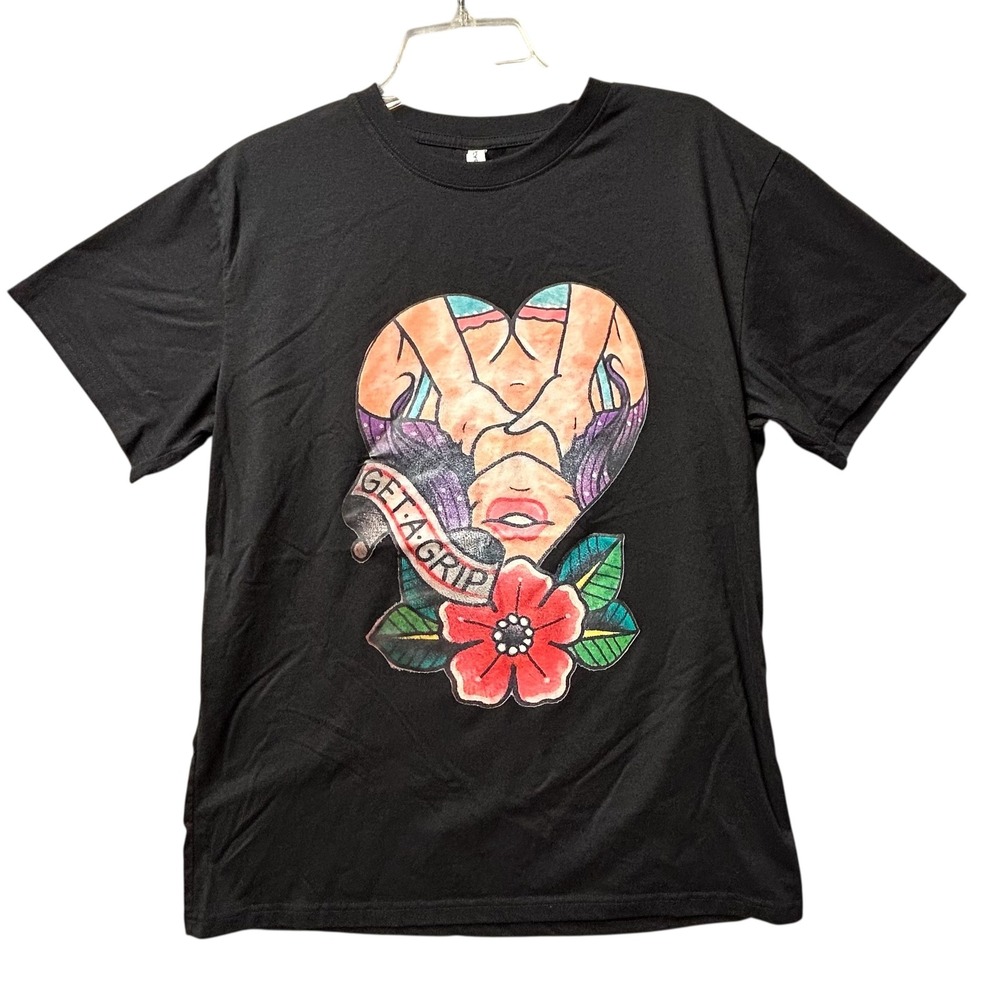 Streetwear Graphic Print T-Shirt Get A Grip Heart Flower Tattoo Design Black - L